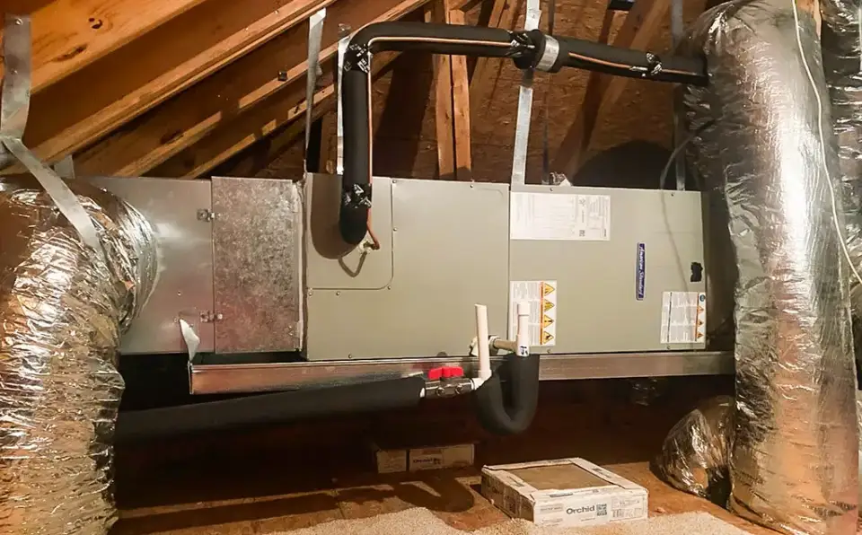 An attic installation of an air handler for a customer in Dallas.